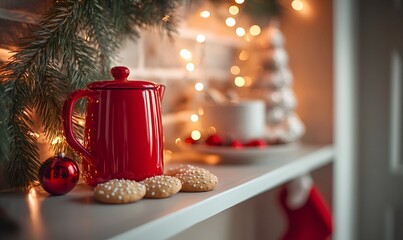 Red teapot and cookies decorating a shelf, bringing warmth and festive cheer to a holiday season home