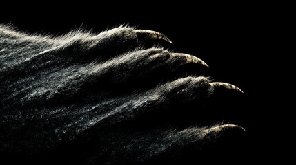 Black fur and sharp claws extend against an isolating black background, lit dramatically