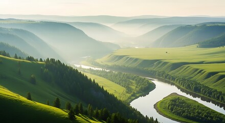 Obraz premium Majestic river winding through a verdant valley at sunrise, bathed in soft golden light and morning mist