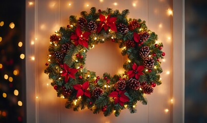 Festive christmas wreath adorns a door, featuring pine needles, bright red poinsettias, pine cones, and twinkling lights for holiday decor