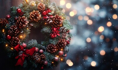 Holiday wreath hanging on a wooden door, decorated with pine cones, red ornaments, and sparkling string lights, with falling snow