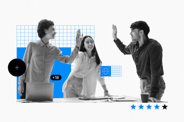 Three team members enjoy a moment of celebration with high fives in a modern office setting. They are smiling and showing enthusiasm while engaged in their work activities.