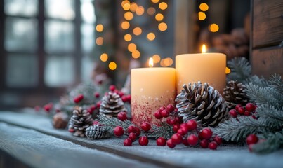 Cozy christmas arrangement with glowing candles, pinecones, red berries and snow creating warm winter holiday atmosphere