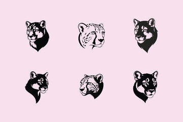 Set of six black and white illustrations of wolf and fox animal heads