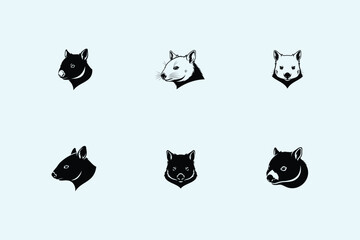 Set of six black and white bulldog head illustrations on a light blue background