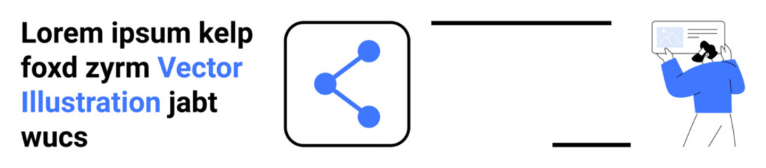 Social media, data analysis, digital communication, technology, user interaction, sharing. Blue sharing icon with three nodes and a person studying a screen. Social media and data analysis concept
