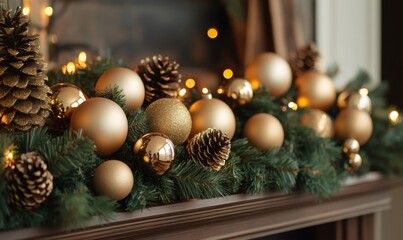 Festive christmas garland featuring golden ornaments, glittering pine cones, and warm string lights arranged on a mantelpiece, creating a holiday atmosphere