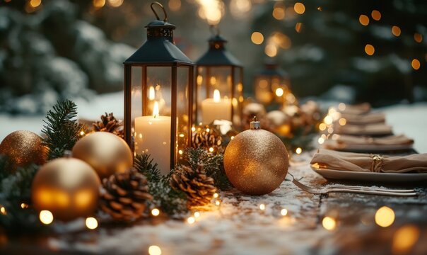 Decorated outdoor table creating a festive atmosphere with glowing lanterns, candles, golden ornaments, and fir branches in the snow