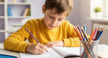 Focused elementary school boy in yellow sweater doing homework at desk, writing in notebook with colored pencils in cozy classroom, developing creativity and concentration skills