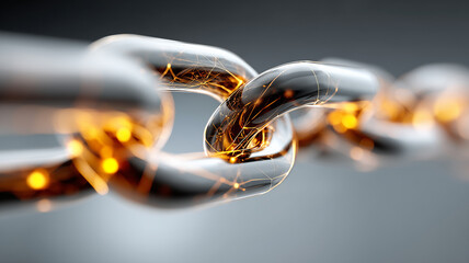 Linked metallic chain infused with energetic patterns symbolizing strength, connectivity, digital security and technological resilience.
