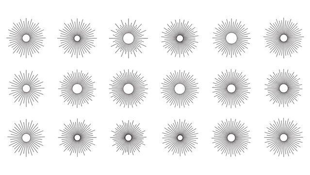 Collection of diverse vintage sunburst and starburst designs with radiating light rays