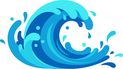 A vibrant blue cartoon wave with splashing water droplets, illustrating motion and fluidity.