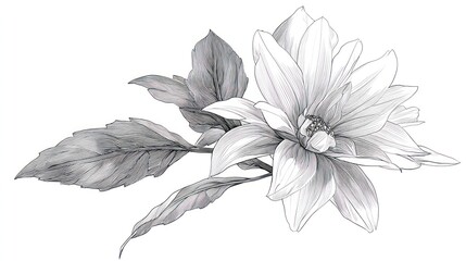 Detailed grayscale illustration of a dahlia flower, leaves, and stem against a white background