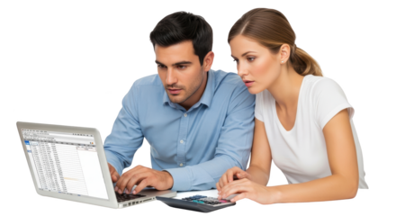 Young couple calculating their finances on a laptop with a calculator concept highlighting couple, man, woman
