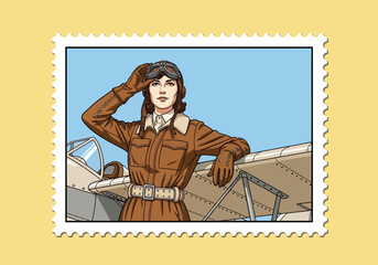 Stylized illustration of a female aviator saluting beside an airplane wing