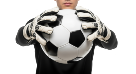 Young goalkeeper holding soccer ball in gloves concept highlighting goalkeeper, goalie, soccer captured in modern professional
