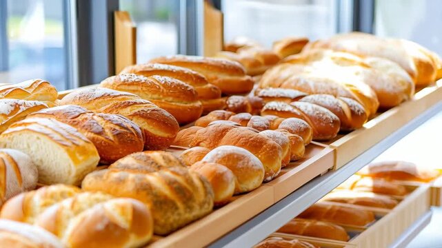 Golden Bakery Display: A close-up view of fresh, golden-brown loaves and rolls artfully arranged on shelves. Showcasing the deliciousness of baked goods with every crusty detail.