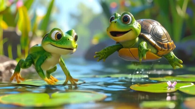 Playful frogs and turtle