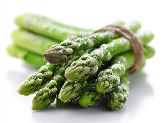 A tied bunch of green asparagus spears with water droplets