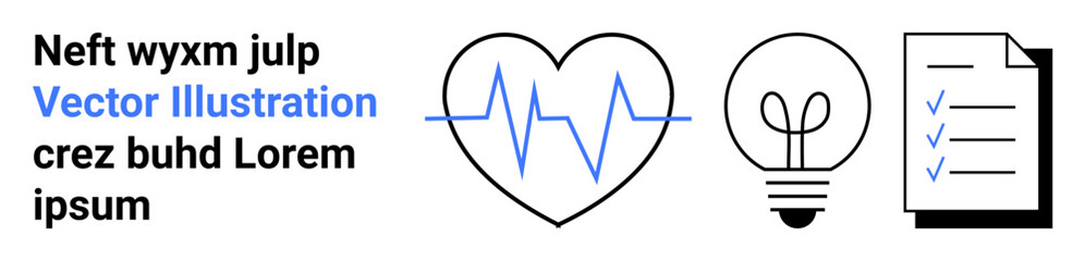 Medical monitoring, creativity, productivity, planning, health, efficiency. A heartbeat line in a heart, a lightbulb and a checklist on paper. Health monitoring and creativity concepts