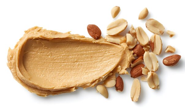clean short round curved swatch of a sandy-textured peanut butter spread with some peanuts nuts, white surface