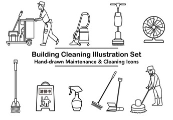 ビル清掃員と業務用清掃道具を組み合わせた作業シーンの線画イラストセット｜清掃現場で使われる多様な機器と動作を分かりやすい線画で構成したメンテナンス素材 © hananoyama