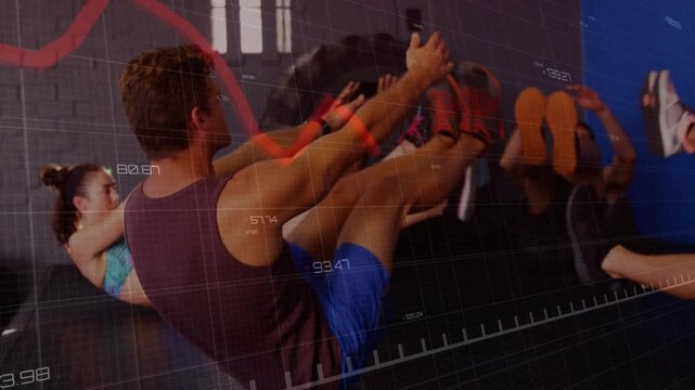 Male leader cueing group, performing V-sit reps for fitness while red overlay tracking HR