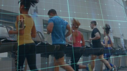 Camera starting behind five runners capturing treadmill jog, HUD grid tracking fitness metrics