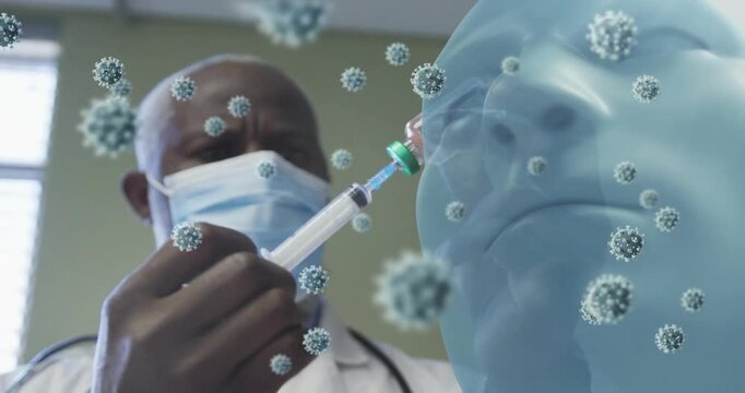Masked Dr inserting syringe into vial filling aiming at blue face vaccinating amid floating virus