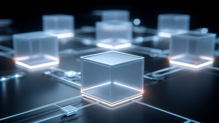 A transparent block network illustrating a conceptual digital framework representing structured organization, technological coordination and interconnected data systems.
