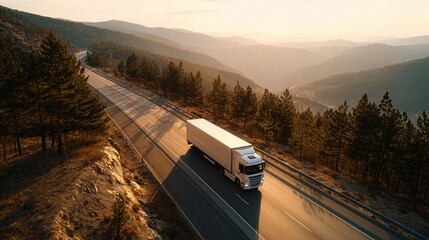 Truck drives along winding road in mountains during golden hour, showcasing scenic views and natural landscape with trees and hills