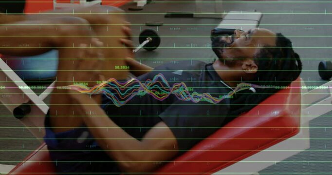 Male athlete pushing footplate and training legs with leg press reps in gym, waveform grid tracking