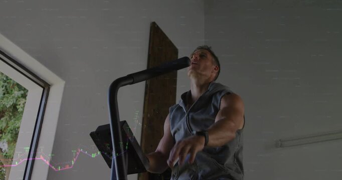 Man gripping handlebars and tapping console, exercising in fitness, generating rising metrics chart