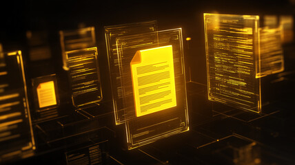 A digital document interface floating in a virtual data environment symbolizing information management organization and secure knowledge processing.
