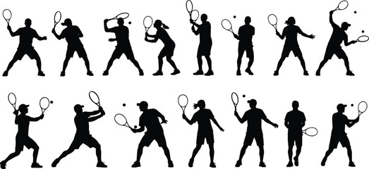 Set of tennis player silhouettes, black vector figures of men and women hitting ball with racket, isolated on white background for sport design.