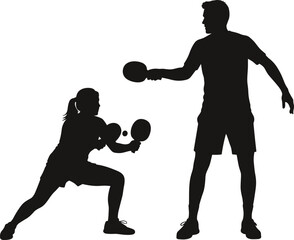 Silhouette illustration of two athletes playing table tennis in dynamic action poses, competitive sports training scene, active movement concept for fitness, recreation, and teamwork