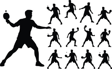 Silhouette vector illustration of multiple table tennis player poses, dynamic ping pong action stances, sports training movement set for fitness, competition, and athletic design (23 words)