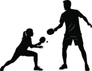 Table Tennis Players Silhouettes: Dynamic Vector Illustration of Man and Woman Competing in Ping Pong Match, Capturing Fast-Paced Sports Action and Athletic Training.