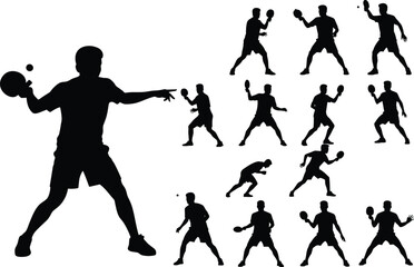 Silhouette vector illustration of multiple table tennis player poses, dynamic ping pong action movements, athletic training stances for sports design, fitness activity,