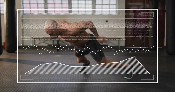 Man starting low push-up, performing push-up with knee drive on gym floor HUD tracking fitness form