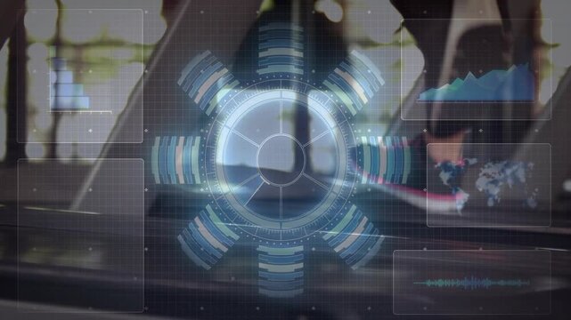 Feet stepping onto belt starting spinning HUD, two runners pacing while HUD tracking fitness data