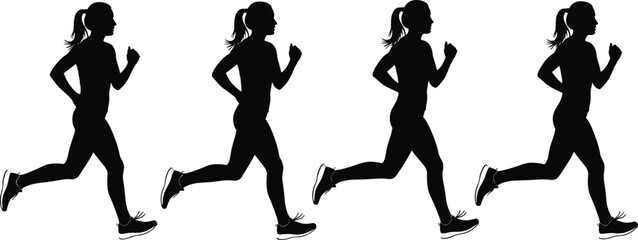 Running woman silhouette vector illustration set of female athletes doing cardio exercise, fitness training, jogging, marathon, and race competition isolated on white background, 