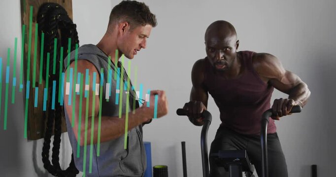 Trainer starting timer and coaching, athlete pushing air bike for HIIT, overlay showing pace