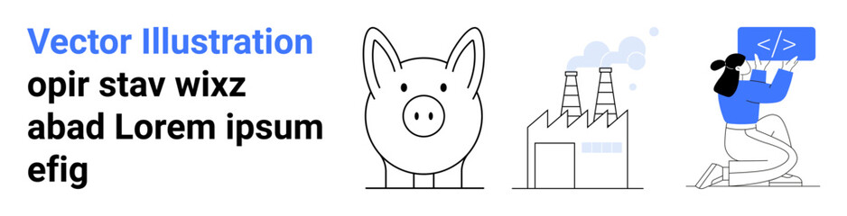 Fototapeta premium Finance, industry, coding, sustainability, modern economy, savings. Piggy bank, factory emitting smoke programmer coding on a laptop. Finance and industry through symbolic imagery