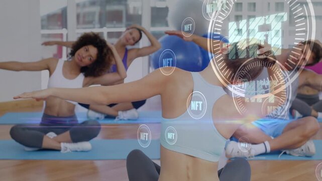 instructor raising arms, leading class mirroring neck stretching for group fitness, NFT HUD rising