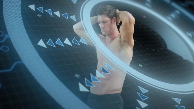 Fitness model holding pose, elements appearing, ring rotating, sweeping torso for body scan