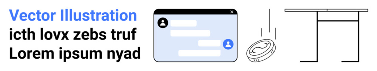 Obraz premium Fintech, digital communication, minimalism, UI design, financial transactions, workspace aesthetics. Chat window with user icons, falling coin simple desk outline. Fintech and digital communication