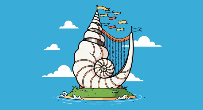 Conch Shell Harp Island Fantasy Illustration.