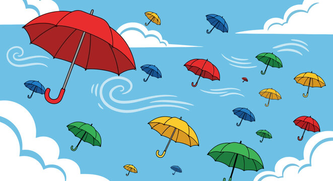 Colorful Umbrellas Flying in a Windy Blue Sky.