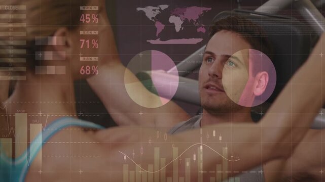 Male spotter coaching woman doing pec-deck reps in gym HUD charts sliding across obscuring both